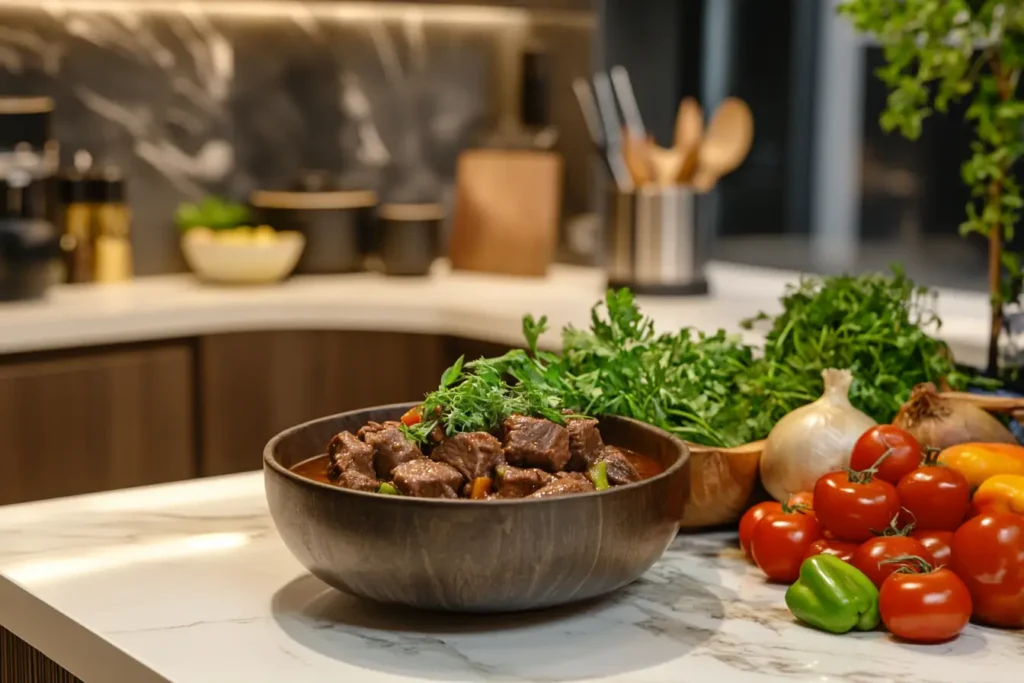 Tender beef heart stew served in a luxury modern kitchen with fresh vegetables