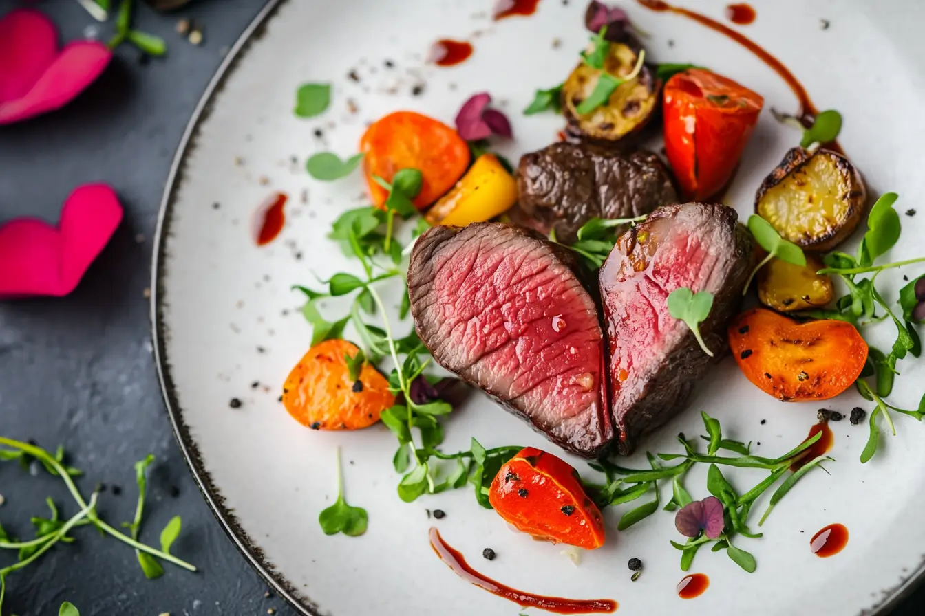 A gourmet beef heart entrée with artistic plating and vibrant colors