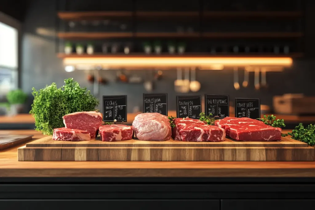 A butcher’s display showing different beef cuts labeled with names and ideal cooking methods, in a stylish kitchen setting.