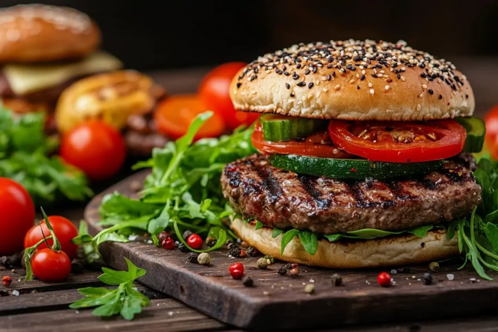 A table with an assortment of beef dishes, including steak, stir-fry, and burgers, styled with fresh garnishes.