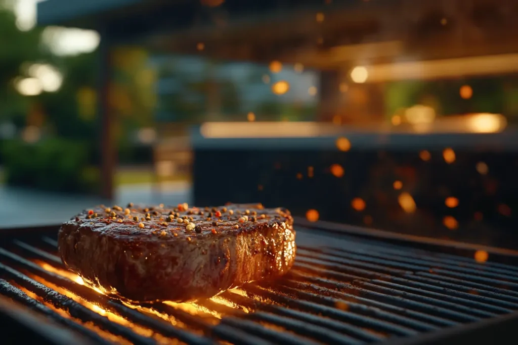 Juicy ribeye steak sizzling on a grill with flame marks.