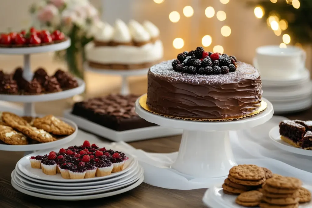 An assortment of common desserts including chocolate cake, cookies, and a mixed berry tart, placed on a stylish dessert table