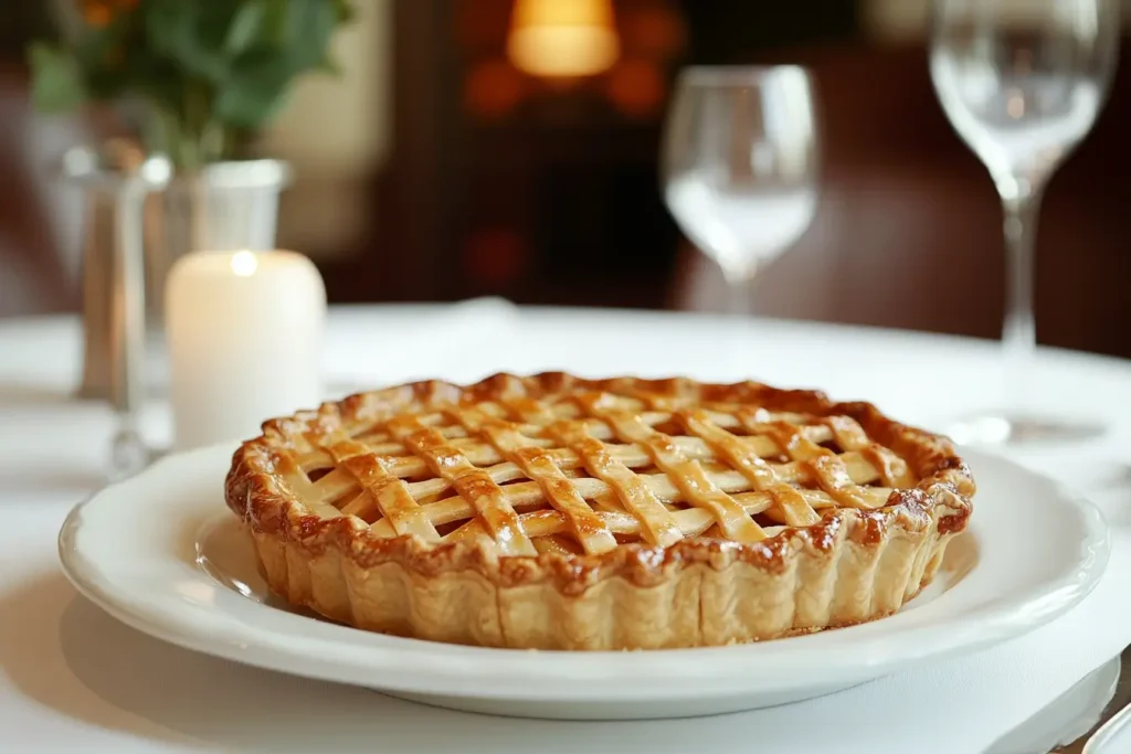 Classic apple pie with crimped crust and lattice design on a white dining table in a cozy, contemporary setting