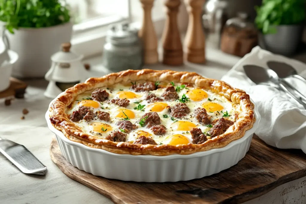 Golden-brown Yankee pie on a plate with a slice removed, showcasing eggs, cheese, and beef filling