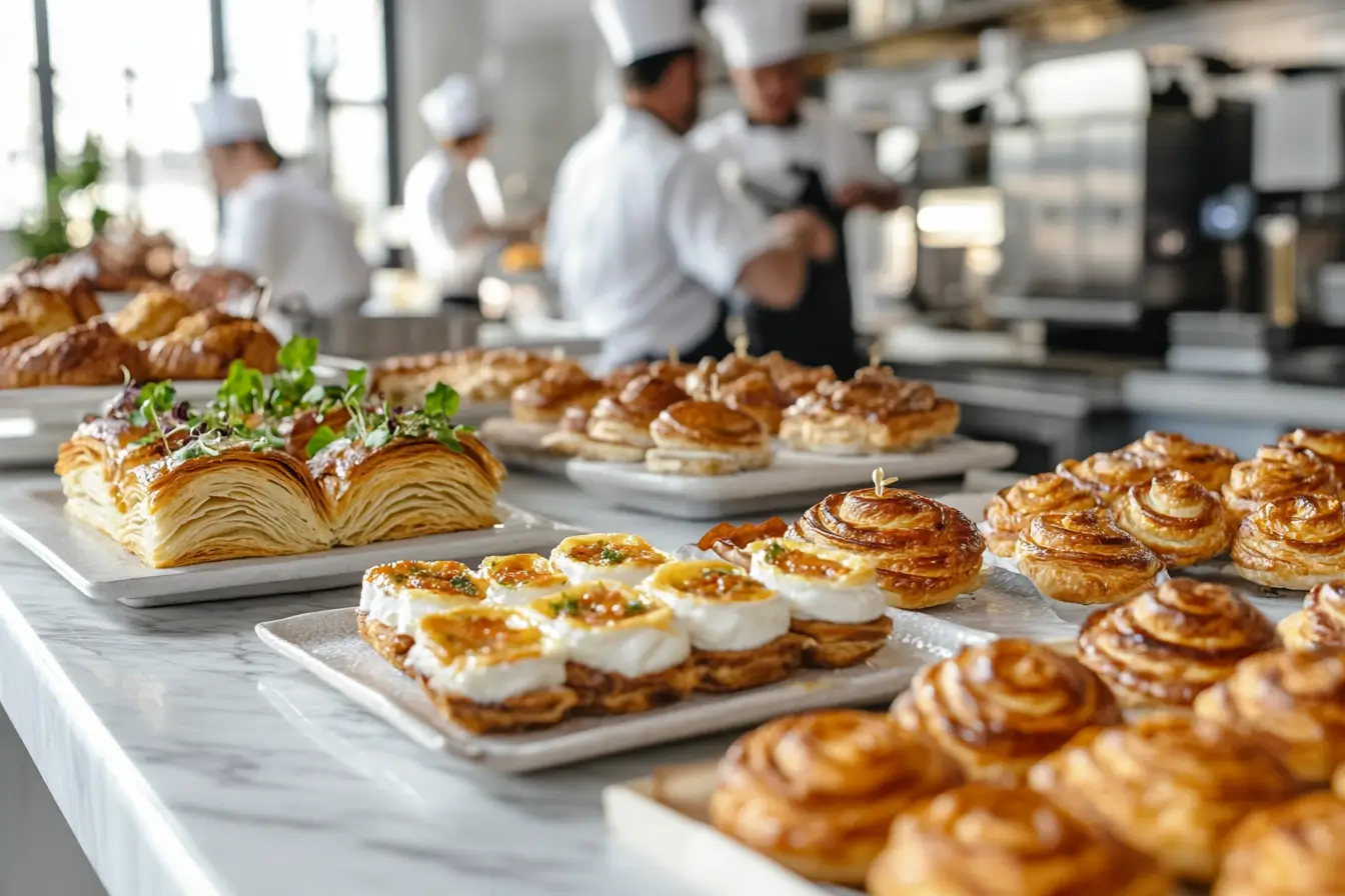 A variety of dishes made with puff pastry, including desserts and savory items, displayed on a rustic table