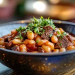 A bowl of baked beans enhanced with bacon, herbs, and a hint of spices served in a modern kitchen setting