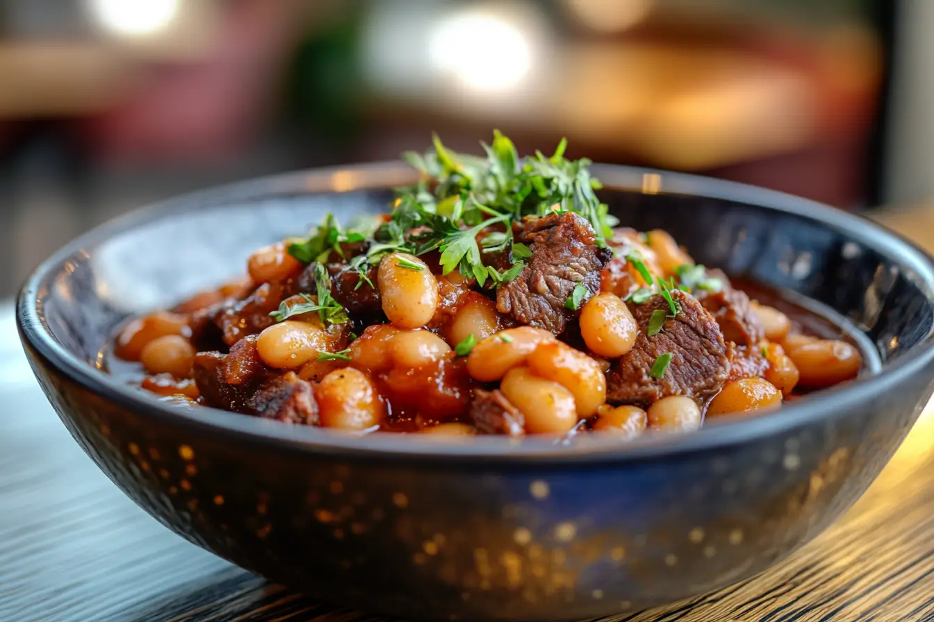 A bowl of baked beans enhanced with bacon, herbs, and a hint of spices served in a modern kitchen setting