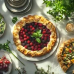 A stunning sweet berry galette and a savory vegetable galette on a modern kitchen island