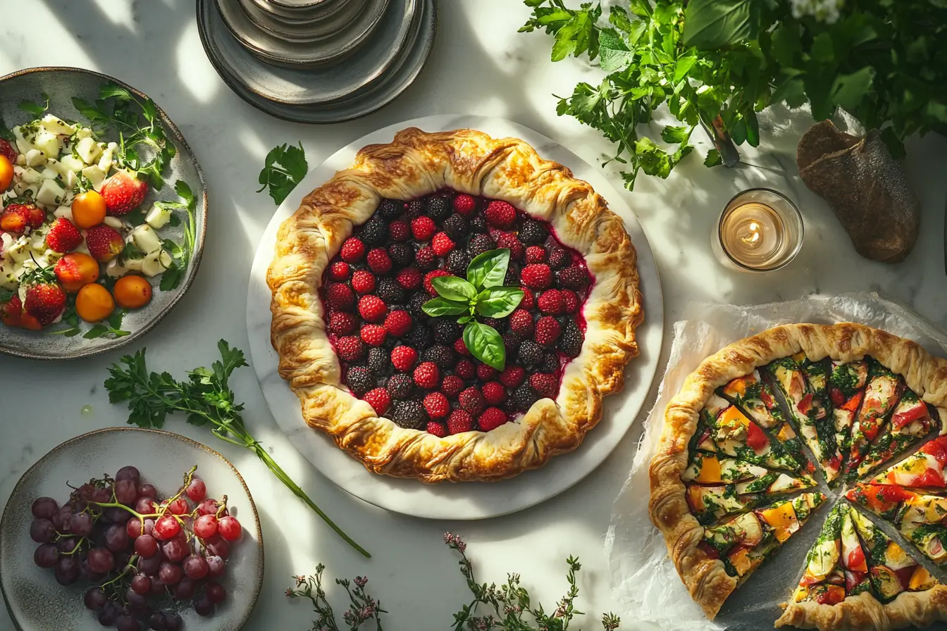 A stunning sweet berry galette and a savory vegetable galette on a modern kitchen island