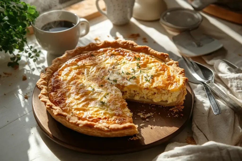 A whole Yankee pie with golden crust and a slice cut out, revealing a rich filling, placed on a wooden board with a cup of coffee