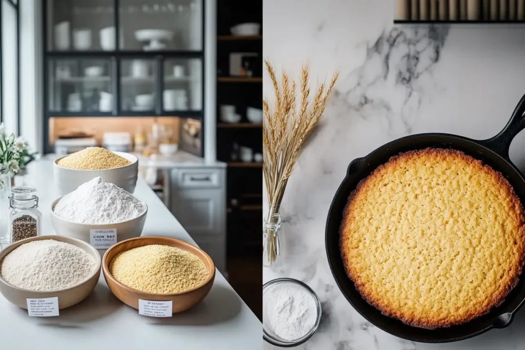 A split-screen image: one side displays raw cornmeal varieties, and the other side showcases freshly baked cornbread.