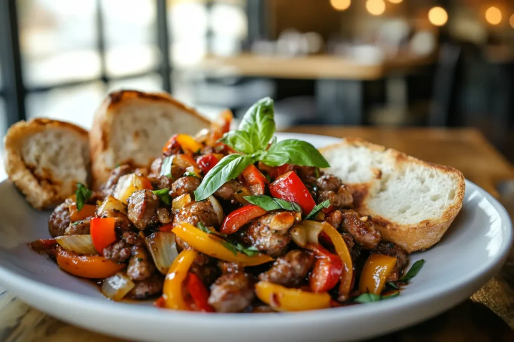 A neatly plated dish of sausage and peppers with fresh herbs, served with toasted bread on a modern dining table.