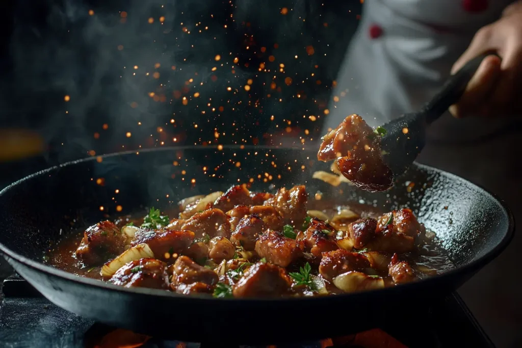 A chef sautéing chicken liver in a frying pan, with garlic and onions sizzling in butter, inside a modern kitchen