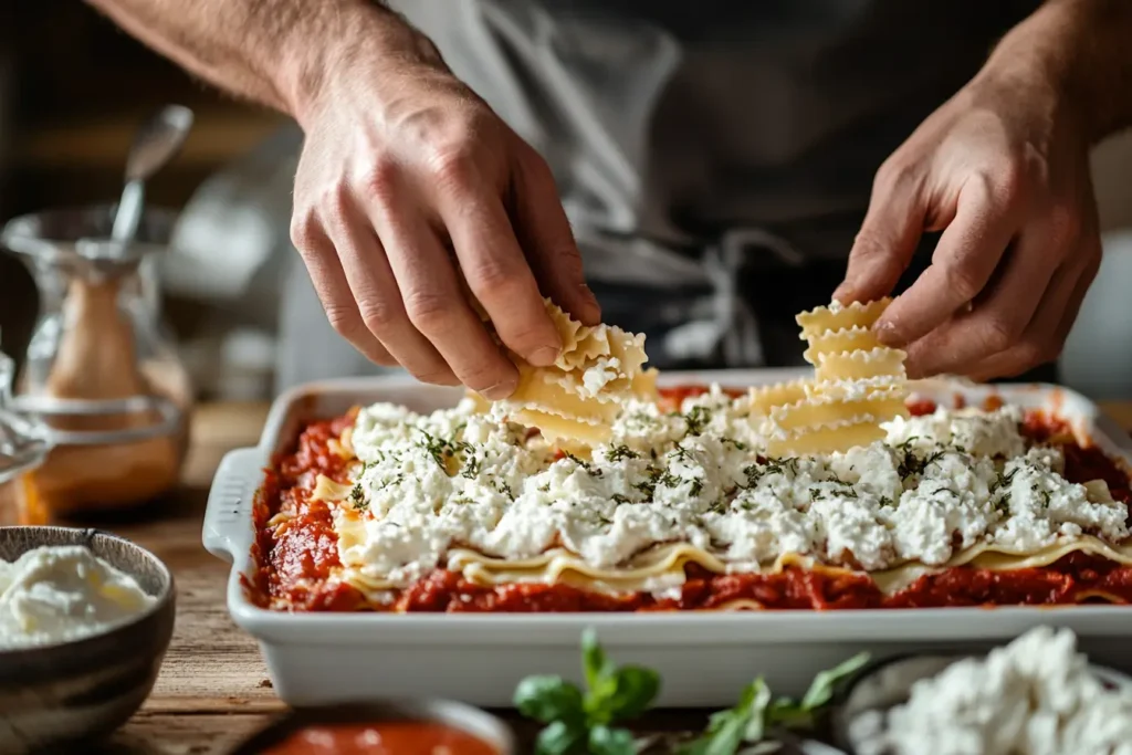 Hands layering no-boil lasagna noodles, ricotta, marinara sauce, and shredded cheese in a modern kitchen