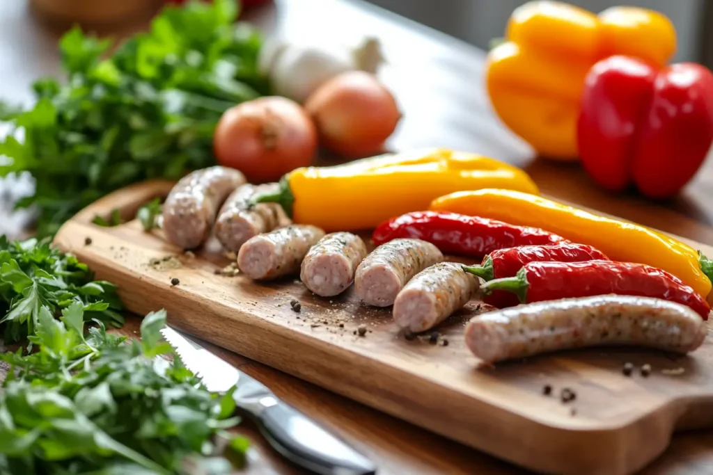 A rustic wooden countertop with fresh Italian sausages, bell peppers, onions, and herbs displayed beautifully