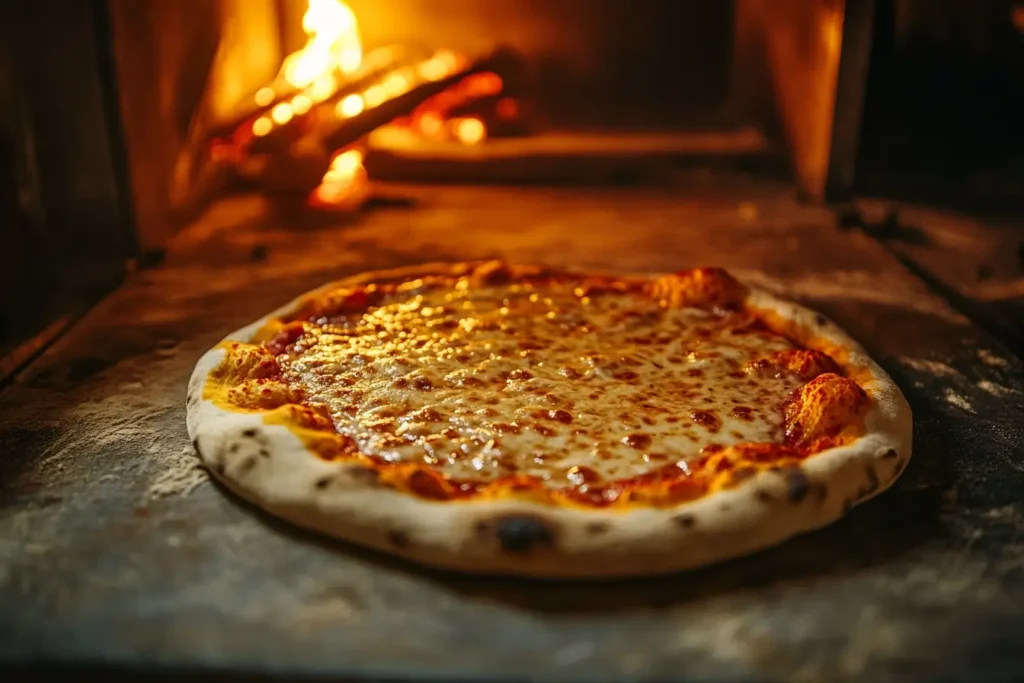 Pizza dough baking in a stone oven, with cheese bubbling and a crispy golden crust forming