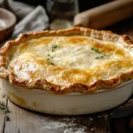 Freshly baked chicken pot pie with a golden crust on a wooden kitchen counter