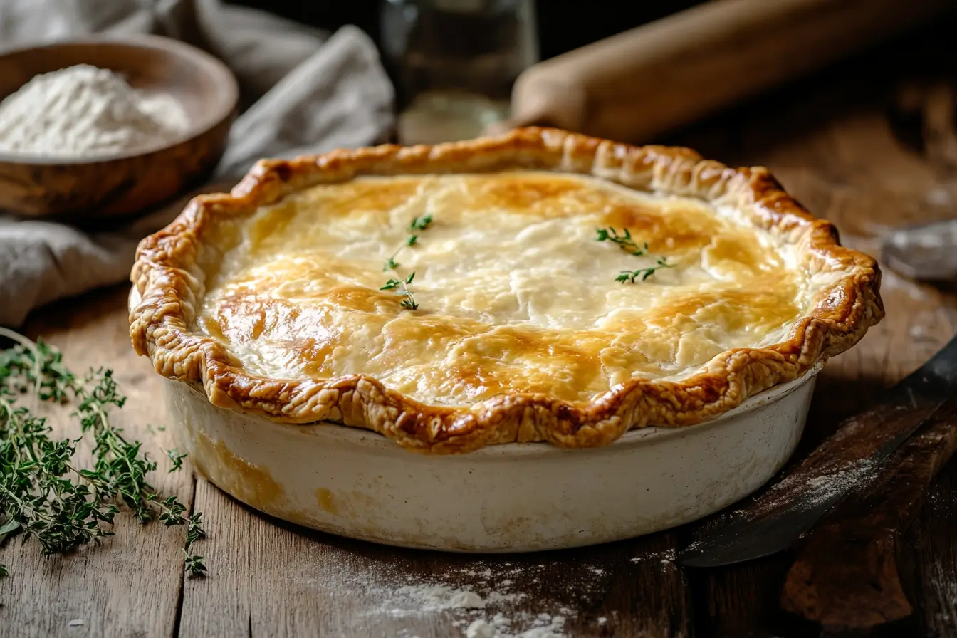 Freshly baked chicken pot pie with a golden crust on a wooden kitchen counter