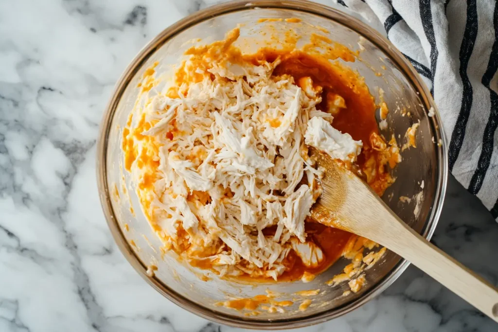 A top-down view of ingredients for Buffalo Chicken Dip being mixed in a bowl in a modern kitchen