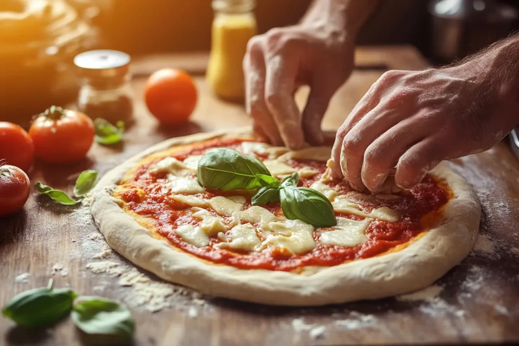 Hands kneading pizza dough on a floured wooden surface, with a rolling pin and olive oil in the background.