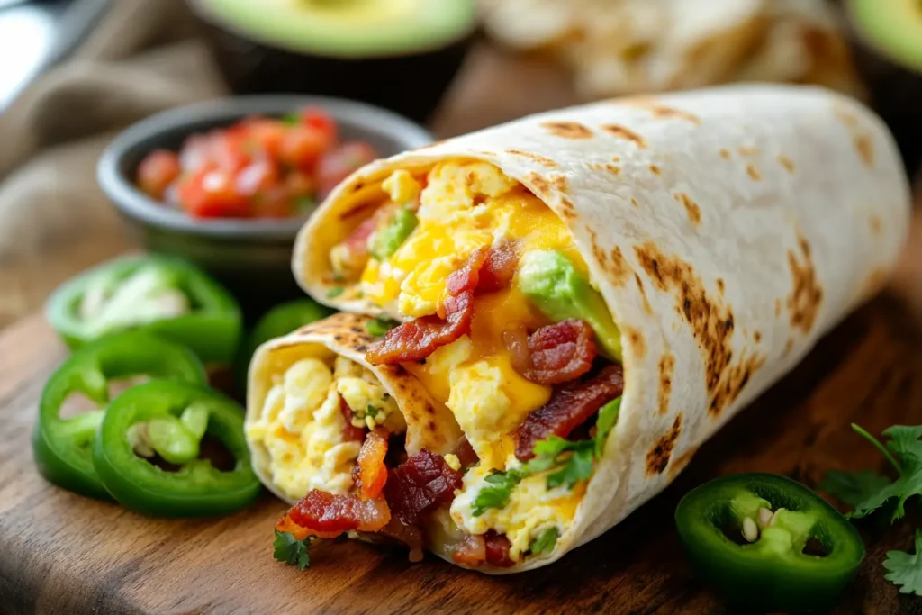 Close-up of a breakfast burrito sliced in half, showing eggs, cheese, and crispy bacon, with salsa and avocado on the side.