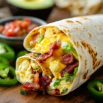 Close-up of a breakfast burrito sliced in half, showing eggs, cheese, and crispy bacon, with salsa and avocado on the side.