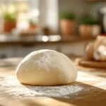 Perfect pizza dough resting on a countertop in a stylish, modern kitchen with warm lighting