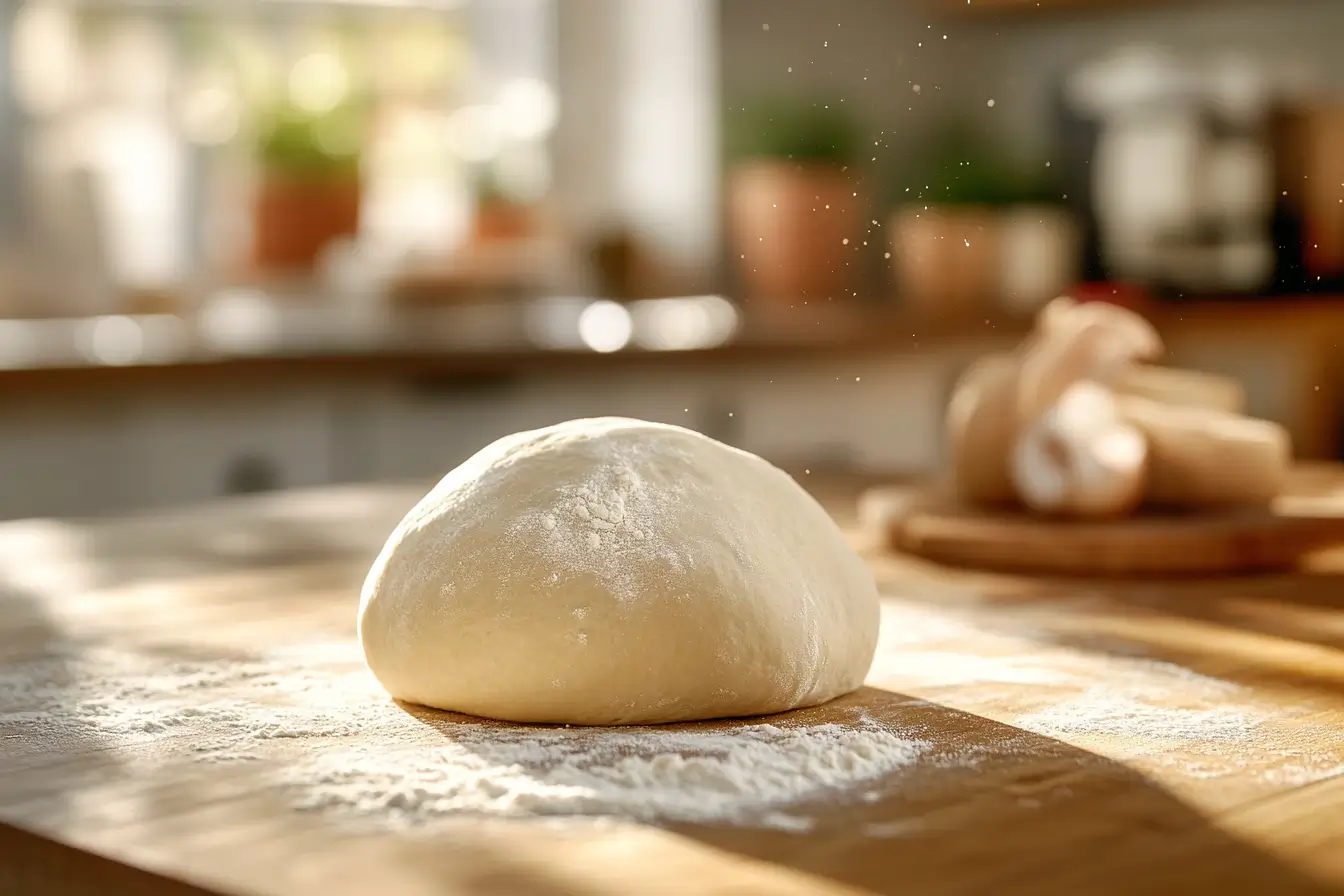 Perfect pizza dough resting on a countertop in a stylish, modern kitchen with warm lighting