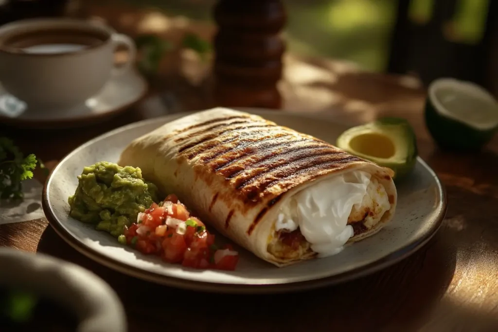 A toasted breakfast burrito with grill marks, served on a plate with a side of sour cream, salsa, and guacamole