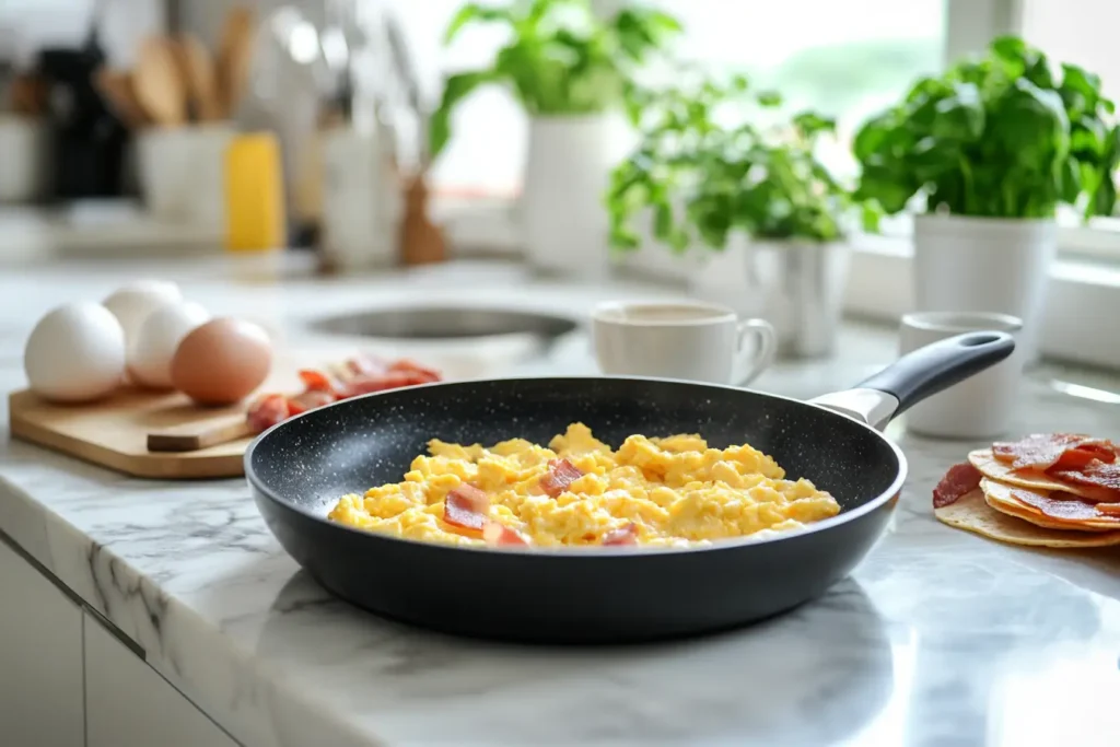 Person cooking scrambled eggs in a pan, with tortillas, cheese, and bacon neatly arranged on the countertop.