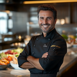 Chef Zeen, a 40-year-old professional, stands confidently in a sleek modern kitchen, wearing a black chef’s coat with his name embroidered, surrounded by fresh ingredients and stainless steel appliances